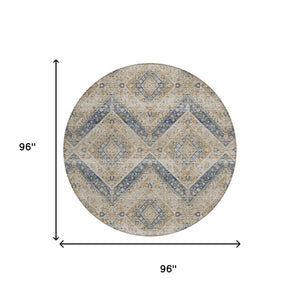 8 Ft Round Tribal Geometric Polyester Rug Beige Teal Washable Indoor Outdoor