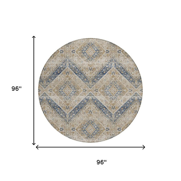 8 Ft Round Tribal Geometric Polyester Rug Beige Teal Washable Indoor Outdoor