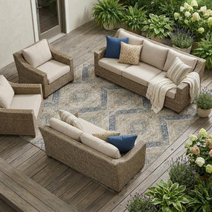 8x10 Beige Teal Tribal Polyester Area Rug Stain Resistant for Indoor Outdoor Use