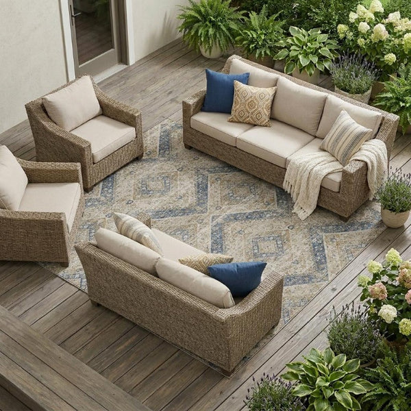 8x10 Beige Teal Tribal Polyester Area Rug Stain Resistant for Indoor Outdoor Use