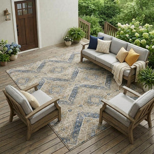 9 X 12 Tribal Beige Teal Polyester Indoor Outdoor Rug Stain Resistant Washable