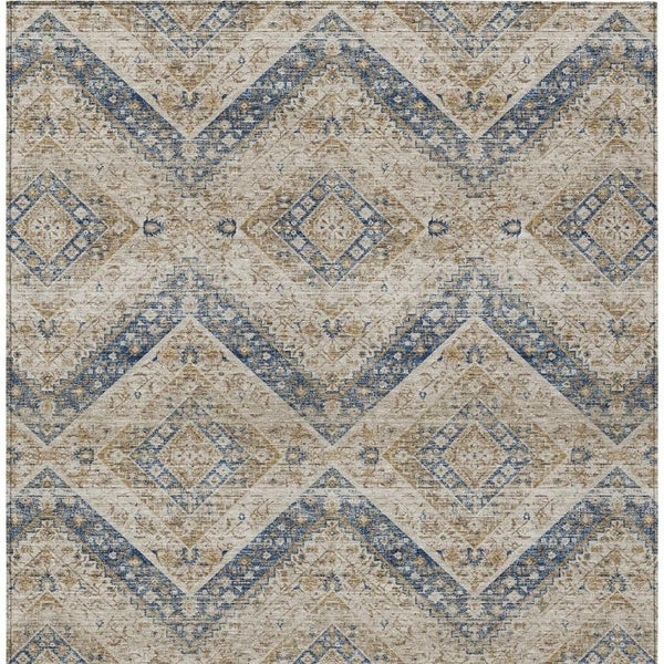 9 X 12 Tribal Beige Teal Polyester Indoor Outdoor Rug Stain Resistant Washable