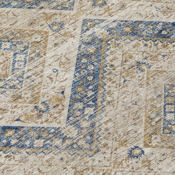 9 X 12 Tribal Beige Teal Polyester Indoor Outdoor Rug Stain Resistant Washable