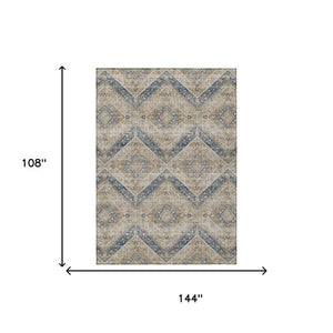 9 X 12 Tribal Beige Teal Polyester Indoor Outdoor Rug Stain Resistant Washable