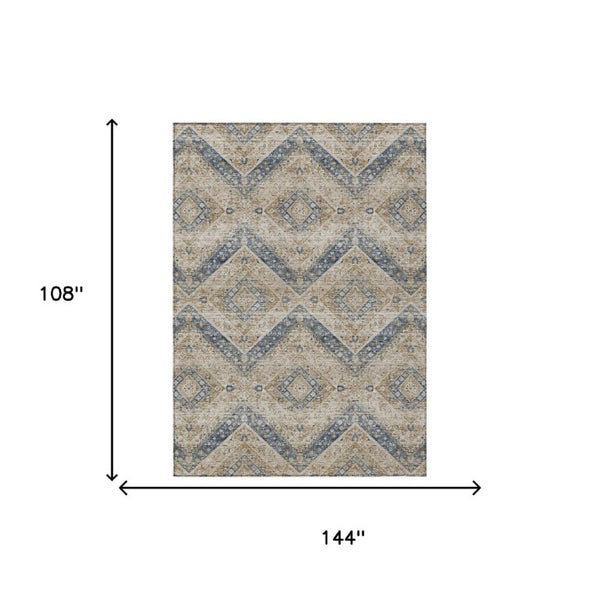 9 X 12 Tribal Beige Teal Polyester Indoor Outdoor Rug Stain Resistant Washable
