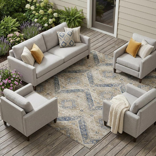 10 X 14 Tribal Beige Teal Polyester Indoor Outdoor Rug Stain Resistant Washable