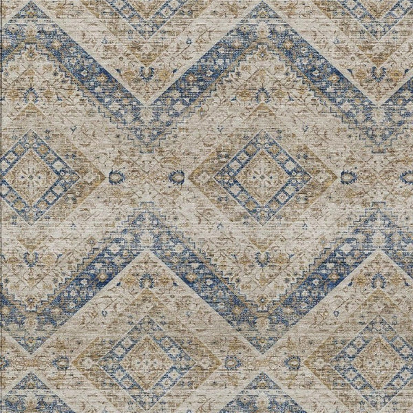 10 X 14 Tribal Beige Teal Polyester Indoor Outdoor Rug Stain Resistant Washable