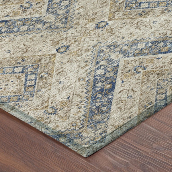 10 X 14 Tribal Beige Teal Polyester Indoor Outdoor Rug Stain Resistant Washable