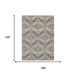 10 X 14 Tribal Beige Teal Polyester Indoor Outdoor Rug Stain Resistant Washable