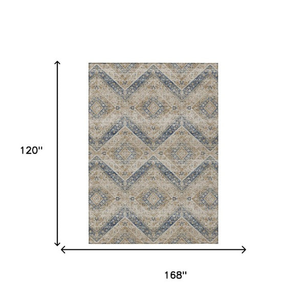 10 X 14 Tribal Beige Teal Polyester Indoor Outdoor Rug Stain Resistant Washable