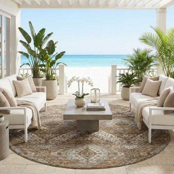 8 Ft Round Tribal Geometric Polyester Rug Washable Indoor Outdoor Patio Brown