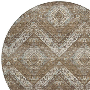 8 Ft Round Tribal Geometric Polyester Rug Washable Indoor Outdoor Patio Brown