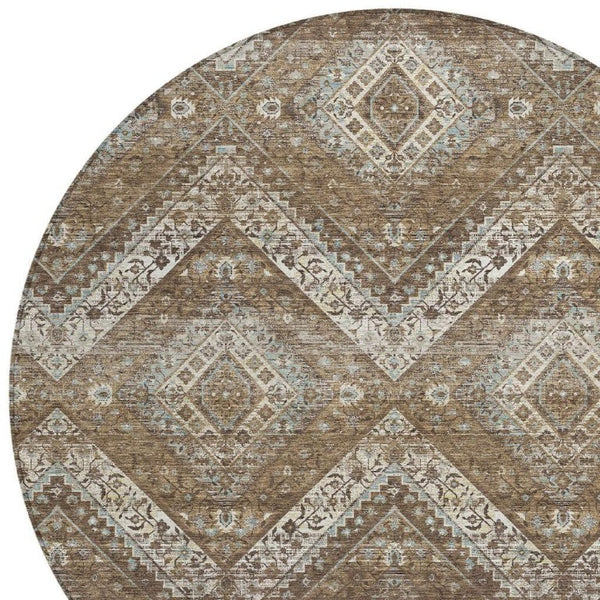8 Ft Round Tribal Geometric Polyester Rug Washable Indoor Outdoor Patio Brown