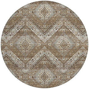 8 Ft Round Tribal Geometric Polyester Rug Washable Indoor Outdoor Patio Brown