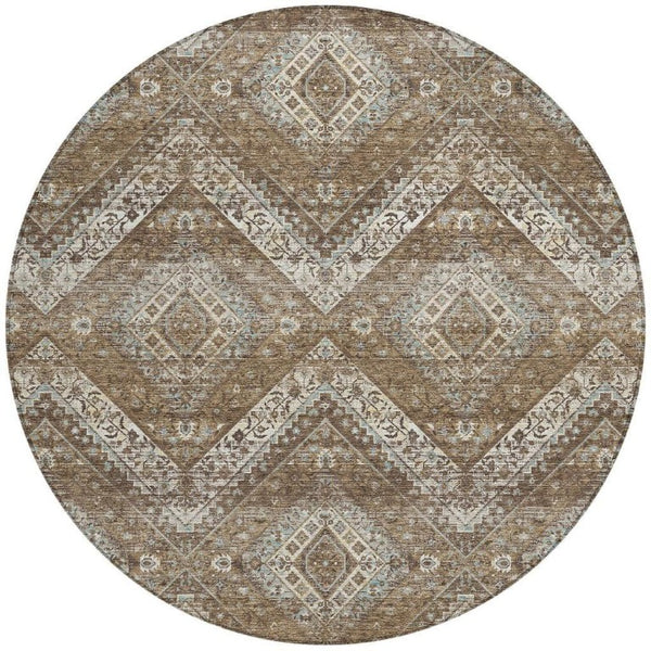 8 Ft Round Tribal Geometric Polyester Rug Washable Indoor Outdoor Patio Brown