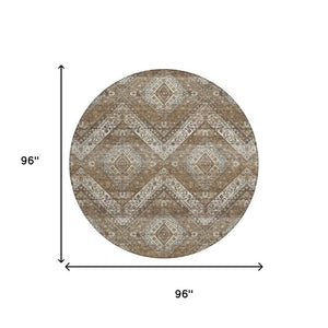 8 Ft Round Tribal Geometric Polyester Rug Washable Indoor Outdoor Patio Brown