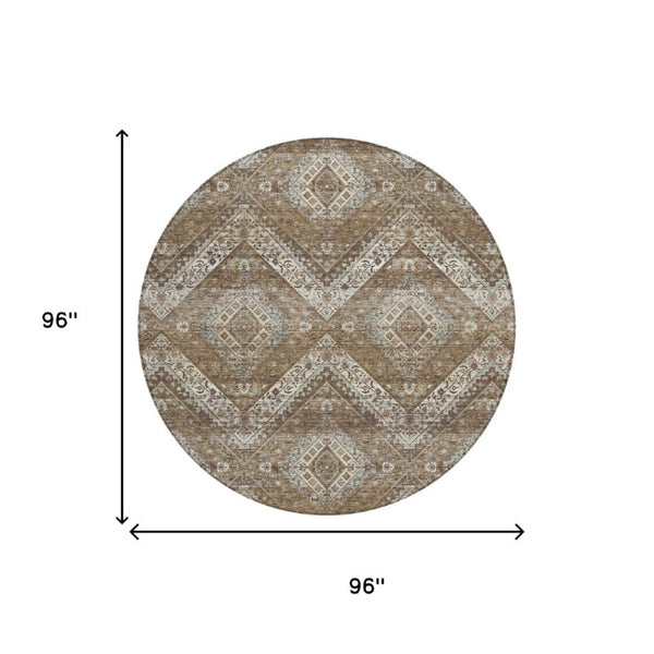 8 Ft Round Tribal Geometric Polyester Rug Washable Indoor Outdoor Patio Brown