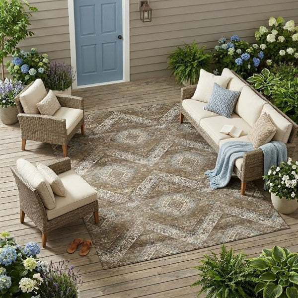 10 Ft X 14 Ft Tribal Polyester Area Rug Stain Resistant for Indoor Outdoor Use