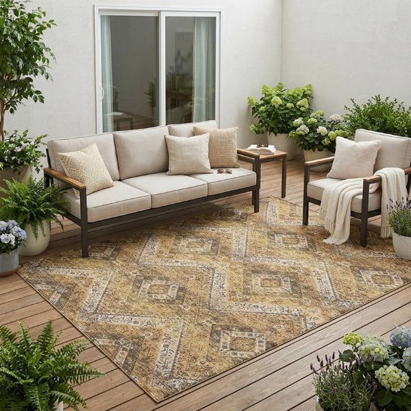 5x8 Copper Khaki Tribal Polyester Area Rug Washable Stain Resistant Indoor Outdoor