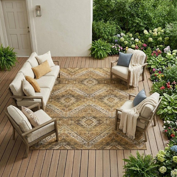 8x10 Copper Khaki Tribal Polyester Area Rug Stain Resistant for Patio or Living Room
