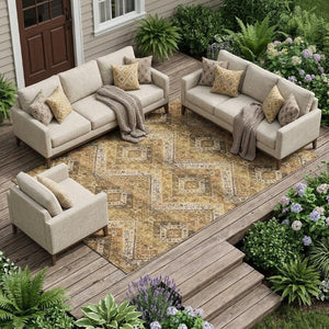 9 X 12 Copper Khaki Tribal Polyester Area Rug Stain Resistant for Patio or Living Room