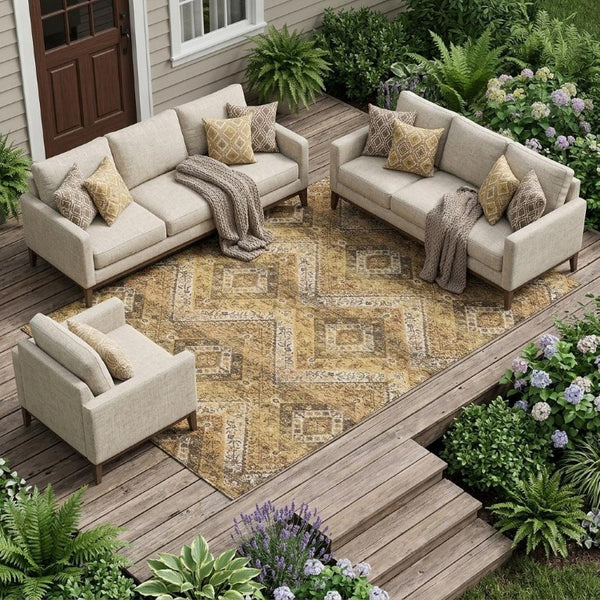 9 X 12 Copper Khaki Tribal Polyester Area Rug Stain Resistant for Patio or Living Room