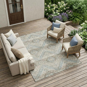 9x12 Ivory Beige Tribal Polyester Area Rug Stain Resistant for Indoor Outdoor Use