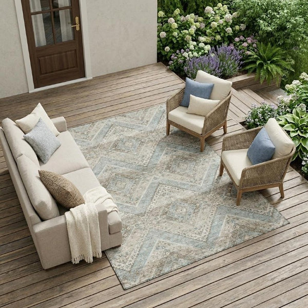 9x12 Ivory Beige Tribal Polyester Area Rug Stain Resistant for Indoor Outdoor Use