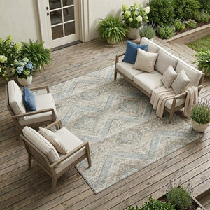10 Ft X 14 Ft Ivory Beige Tribal Polyester Area Rug Washable for Patio or Living Room