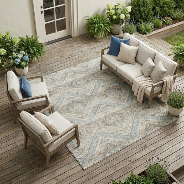 10 Ft X 14 Ft Ivory Beige Tribal Polyester Area Rug Washable for Patio or Living Room