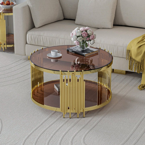 English Elm 31.5inch Modern Luxury Gold Coffee Table with Two-Tier Storage, Tempered Glass Top, Elegant Crown Design Dark Brown W1550P171485