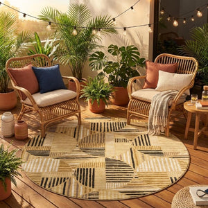 8 Foot Round Geometric Polyester Area Rug Washable Gold Blue Indoor Outdoor