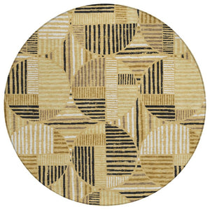 HomeRoots 8 Foot Round Geometric Polyester Area Rug Washable Gold Blue Indoor Outdoor 737124