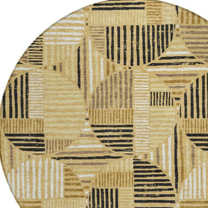 8 Foot Round Geometric Polyester Area Rug Washable Gold Blue Indoor Outdoor