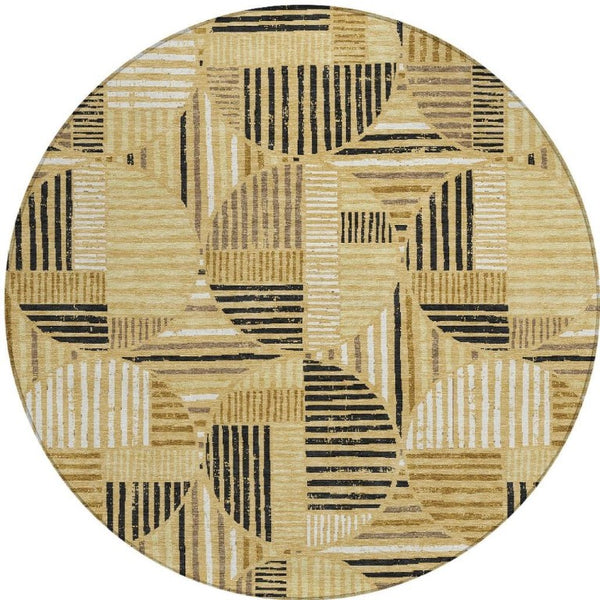 8 Foot Round Geometric Polyester Area Rug Washable Gold Blue Indoor Outdoor
