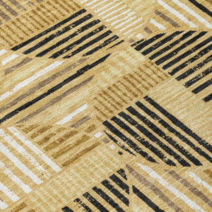 8 Foot Round Geometric Polyester Area Rug Washable Gold Blue Indoor Outdoor