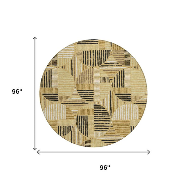 8 Foot Round Geometric Polyester Area Rug Washable Gold Blue Indoor Outdoor