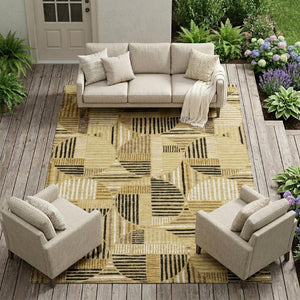 9x12 Gold Blue Geometric Polyester Area Rug Washable for Indoor Outdoor Living