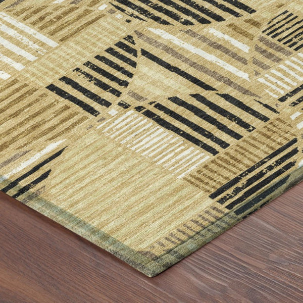 9x12 Gold Blue Geometric Polyester Area Rug Washable for Indoor Outdoor Living