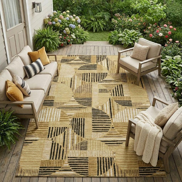10 X 14 Gold Blue Geometric Polyester Area Rug Washable for Indoor Outdoor Use