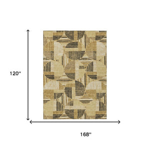 10 X 14 Gold Blue Geometric Polyester Area Rug Washable for Indoor Outdoor Use