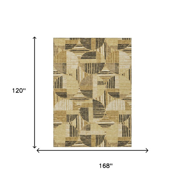 10 X 14 Gold Blue Geometric Polyester Area Rug Washable for Indoor Outdoor Use