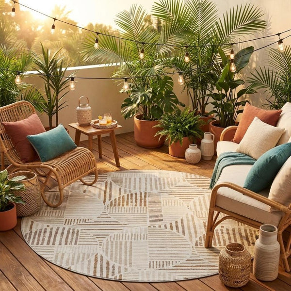 8 Ft Round Geometric Polyester Rug Washable Indoor Outdoor Ivory Graphite Pattern