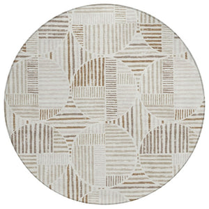 HomeRoots 8 Ft Round Geometric Polyester Rug Washable Indoor Outdoor Ivory Graphite Pattern 737130
