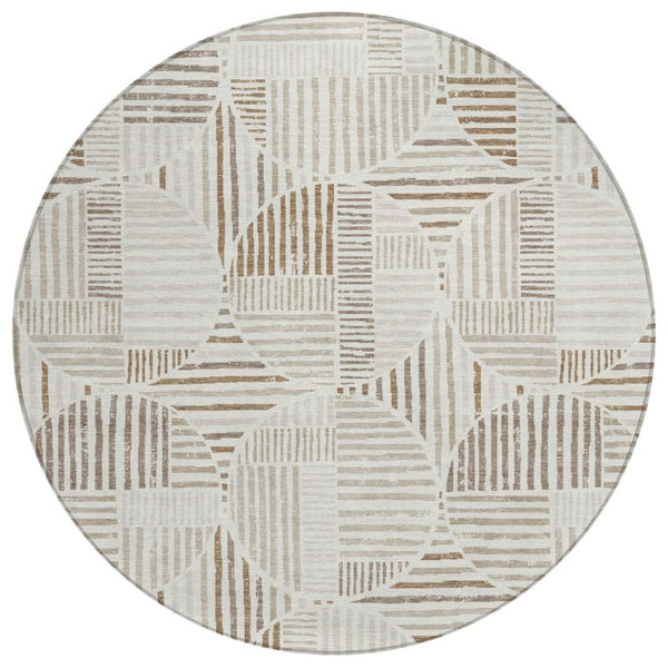 HomeRoots 8 Ft Round Geometric Polyester Rug Washable Indoor Outdoor Ivory Graphite Pattern 737130