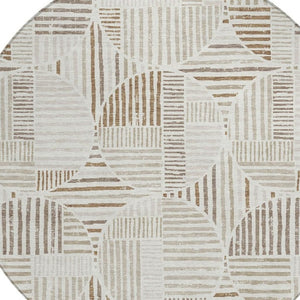 8 Ft Round Geometric Polyester Rug Washable Indoor Outdoor Ivory Graphite Pattern