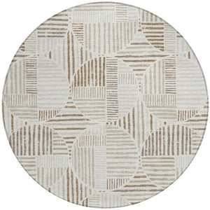 8 Ft Round Geometric Polyester Rug Washable Indoor Outdoor Ivory Graphite Pattern
