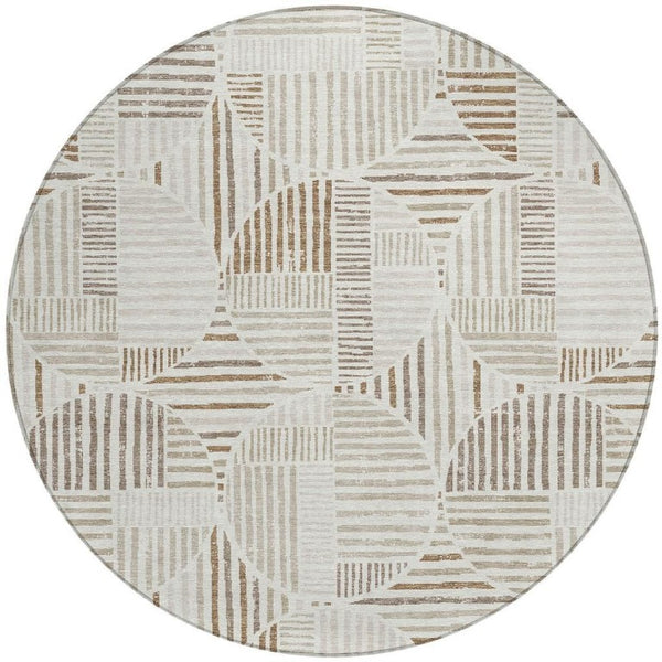8 Ft Round Geometric Polyester Rug Washable Indoor Outdoor Ivory Graphite Pattern