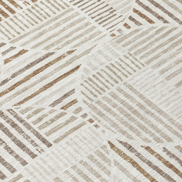 8 Ft Round Geometric Polyester Rug Washable Indoor Outdoor Ivory Graphite Pattern