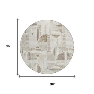 8 Ft Round Geometric Polyester Rug Washable Indoor Outdoor Ivory Graphite Pattern